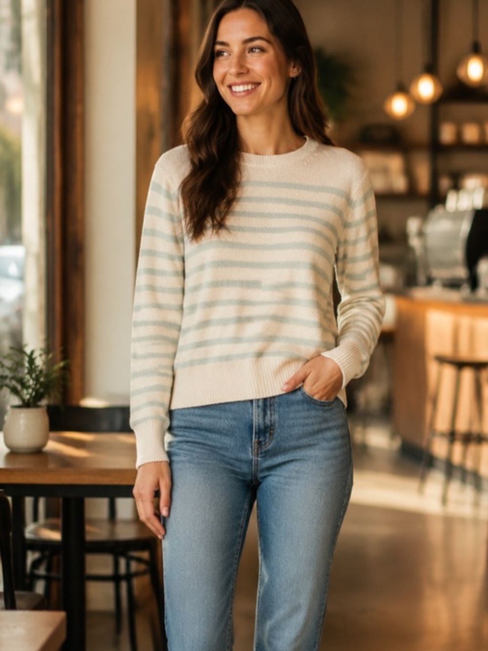 White + Warren 100% Cashmere Striped Sweater S Cream Soft Luxe Preppy